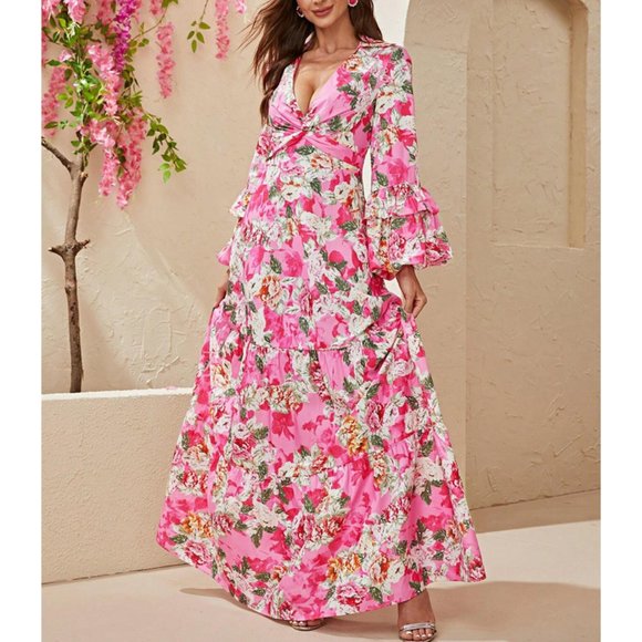MODA ME COUTURE Dresses & Skirts - Floral V-Neck Flounce Sleeve Ruffle Hem Maxi Dress - Pink